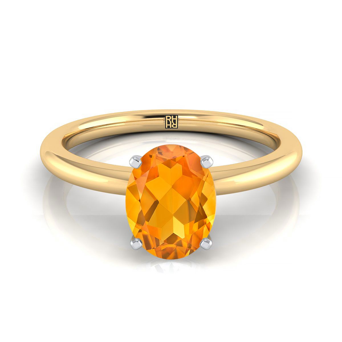 18K Yellow Gold Oval Citrine Round Comfort Fit Claw Prong Solitaire Engagement Ring