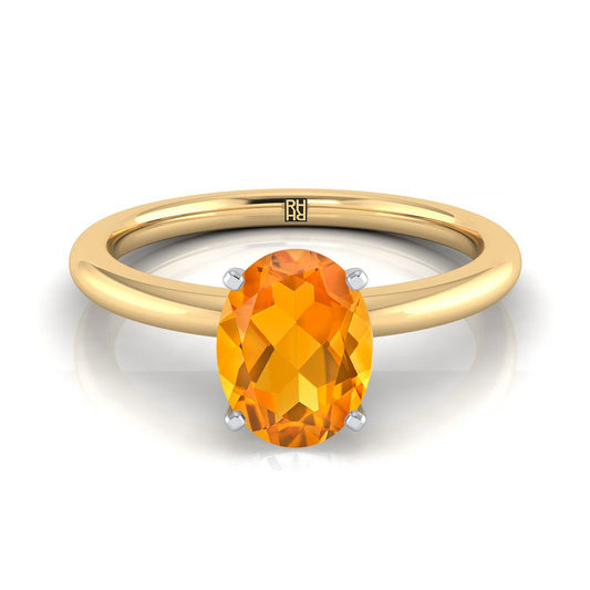 18K Yellow Gold Oval Citrine Round Comfort Fit Claw Prong Solitaire Engagement Ring