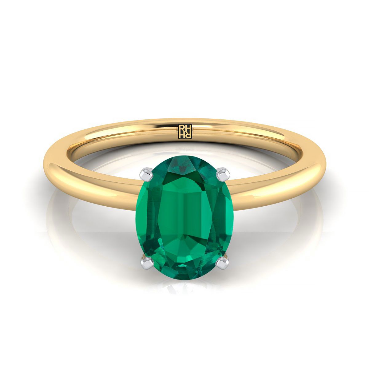 14K Yellow Gold Oval Emerald Round Comfort Fit Claw Prong Solitaire Engagement Ring