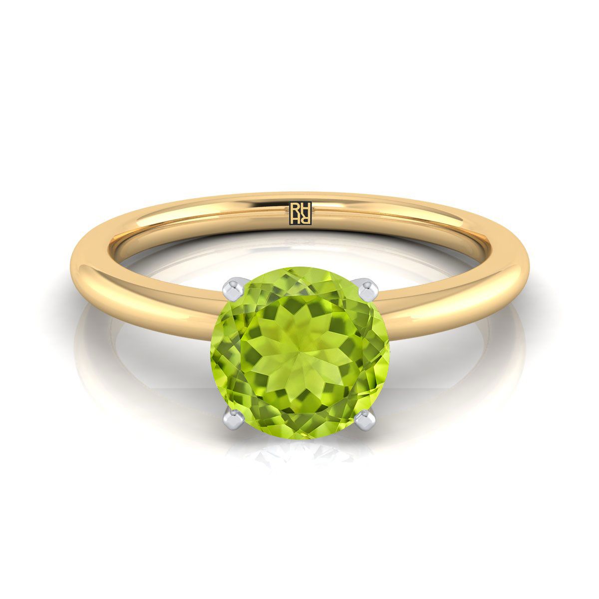 18K Yellow Gold Round Brilliant Peridot Round Comfort Fit Claw Prong Solitaire Engagement Ring