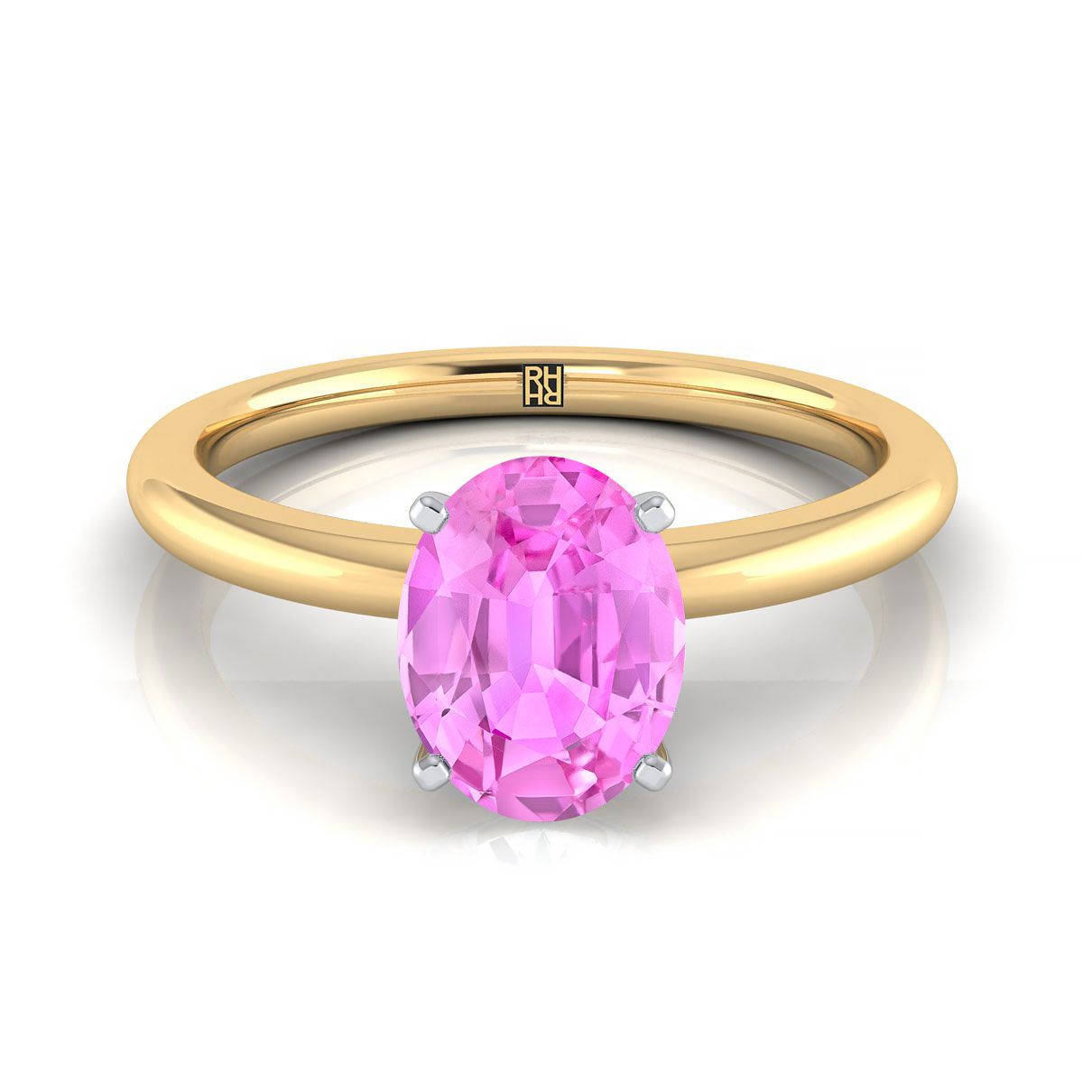 18K Yellow Gold Oval Pink Sapphire Round Comfort Fit Claw Prong Solitaire Engagement Ring