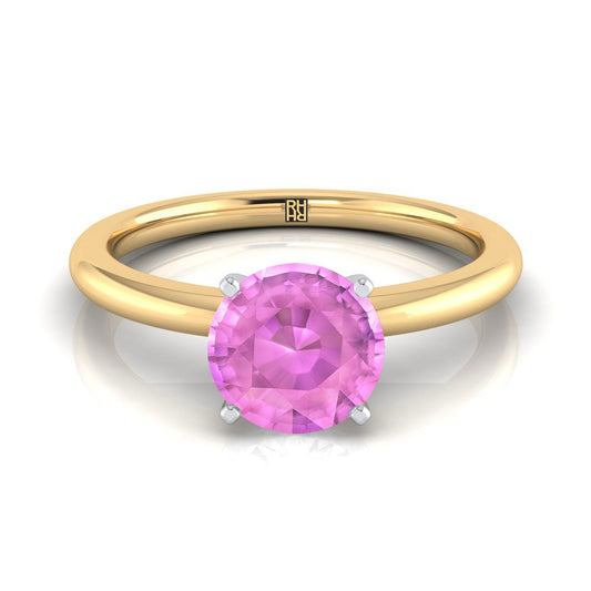 18K Yellow Gold Round Brilliant Pink Sapphire Round Comfort Fit Claw Prong Solitaire Engagement Ring
