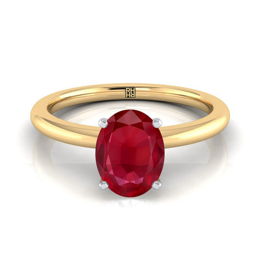 18K Yellow Gold Oval Ruby Round Comfort Fit Claw Prong Solitaire Engagement Ring