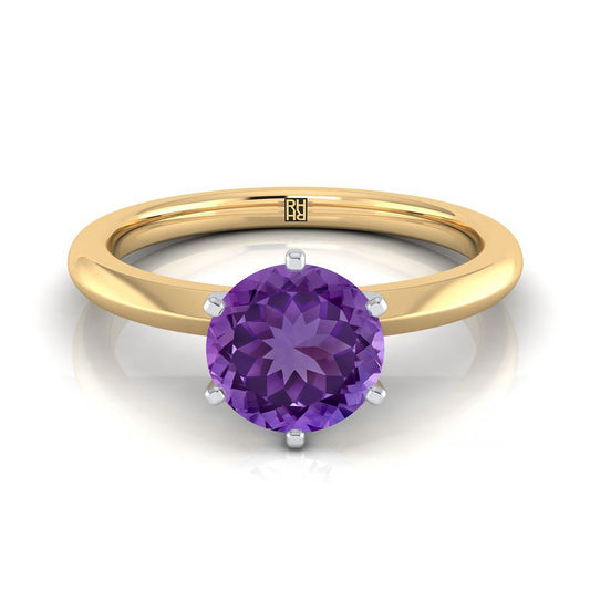 14K Yellow Gold Round Brilliant Amethyst Pinched Comfort Fit Claw Prong Solitaire Engagement Ring