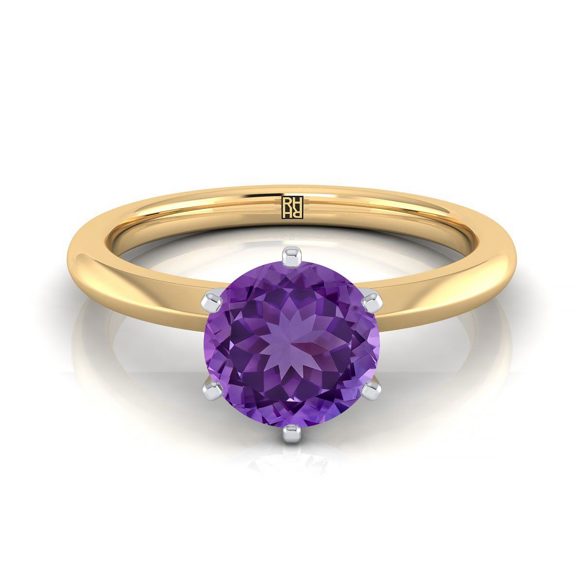 18K Yellow Gold Round Brilliant Amethyst Pinched Comfort Fit Claw Prong Solitaire Engagement Ring
