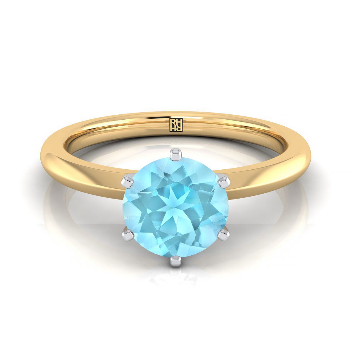 18K Yellow Gold Round Brilliant Aquamarine Pinched Comfort Fit Claw Prong Solitaire Engagement Ring