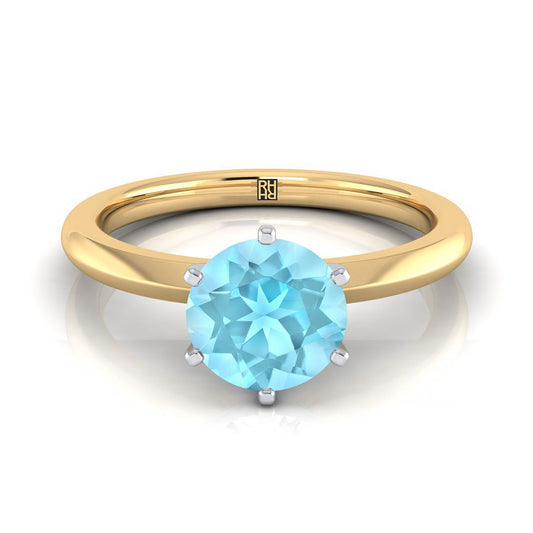 18K Yellow Gold Round Brilliant Aquamarine Pinched Comfort Fit Claw Prong Solitaire Engagement Ring