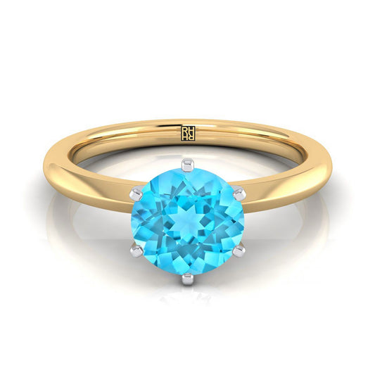 18K Yellow Gold Round Brilliant Swiss Blue Topaz Pinched Comfort Fit Claw Prong Solitaire Engagement Ring
