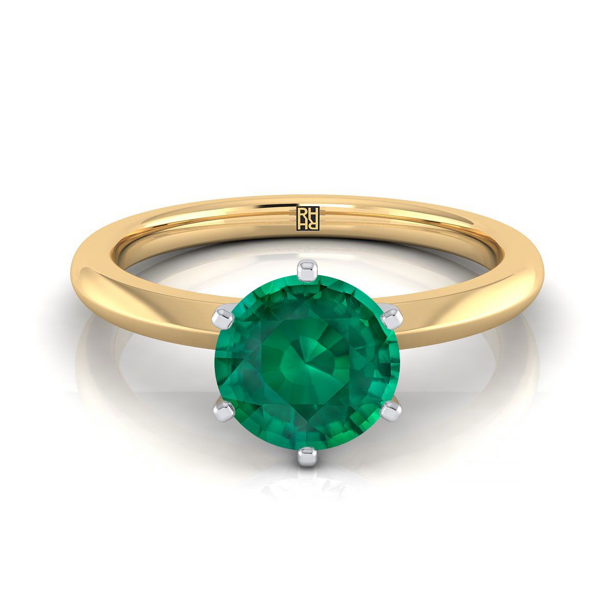 14K Yellow Gold Round Brilliant Emerald Pinched Comfort Fit Claw Prong Solitaire Engagement Ring