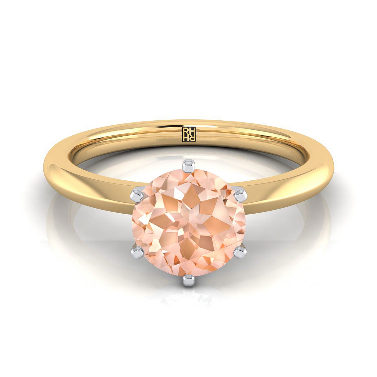18K Yellow Gold Round Brilliant Morganite Pinched Comfort Fit Claw Prong Solitaire Engagement Ring