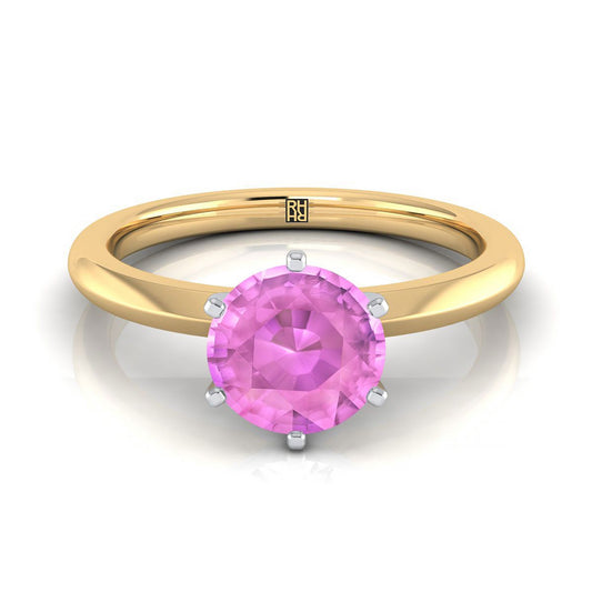 18K Yellow Gold Round Brilliant Pink Sapphire Pinched Comfort Fit Claw Prong Solitaire Engagement Ring