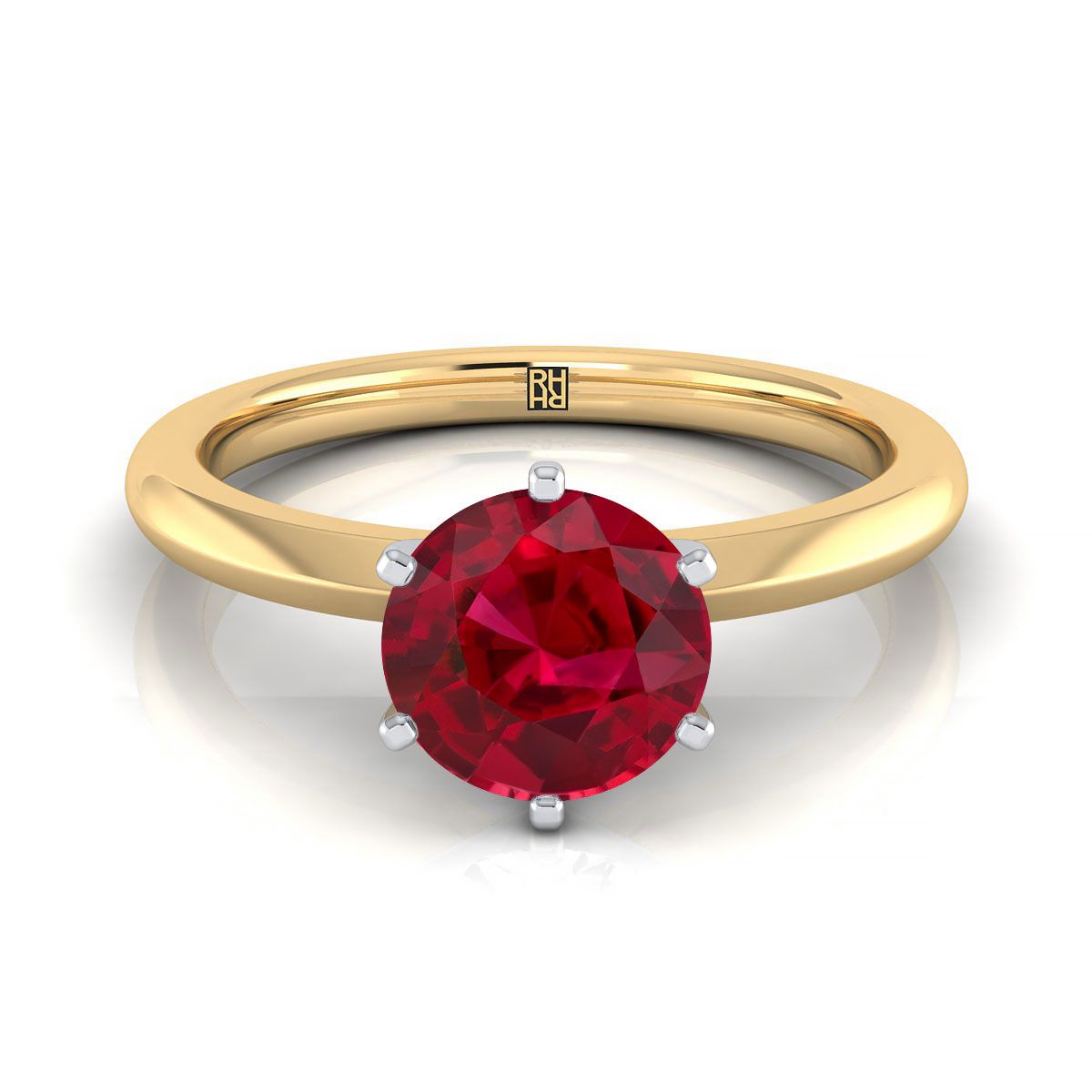 14K Yellow Gold Round Brilliant Ruby Pinched Comfort Fit Claw Prong Solitaire Engagement Ring