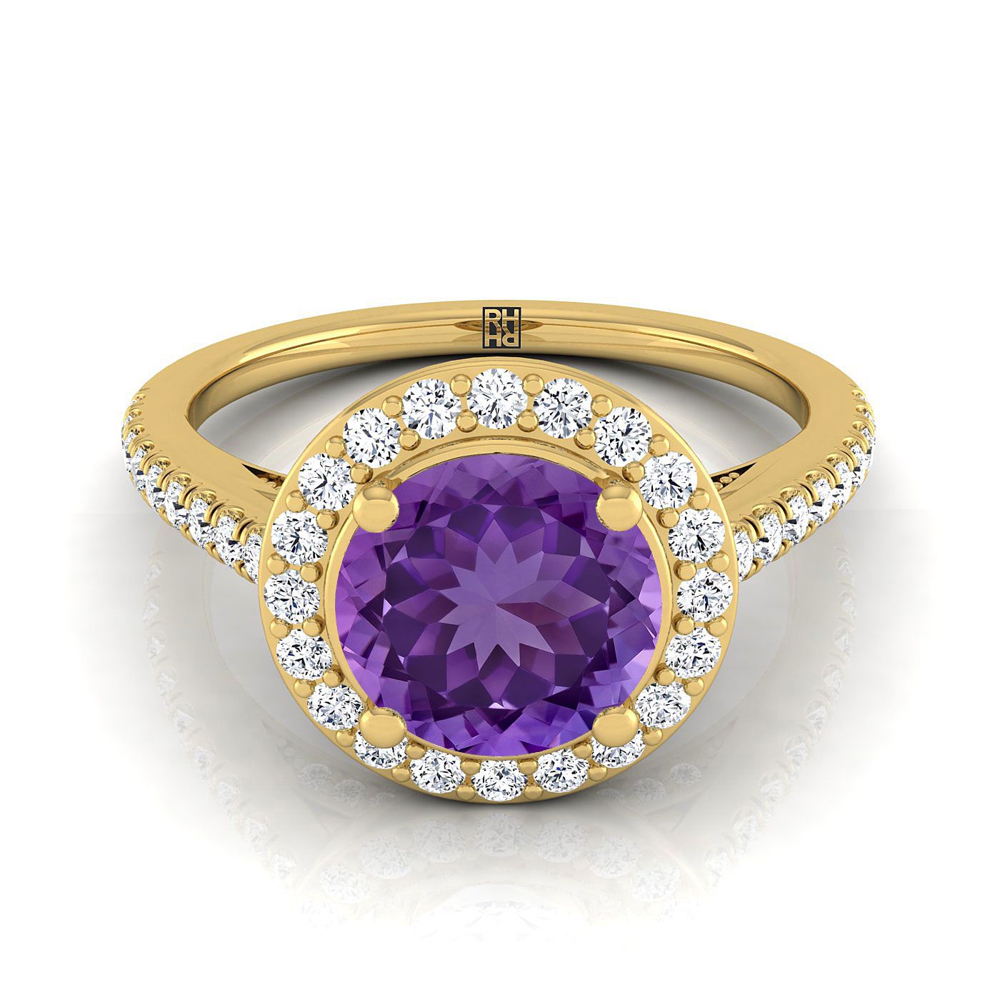 18K Yellow Gold Round Brilliant Amethyst French Pave Halo Secret Gallery Diamond Engagement Ring -3/8ctw