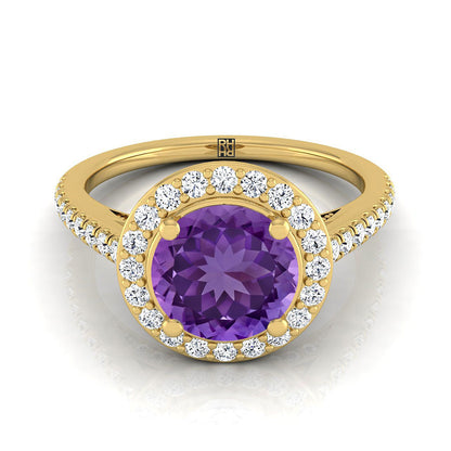 18K Yellow Gold Round Brilliant Amethyst French Pave Halo Secret Gallery Diamond Engagement Ring -3/8ctw