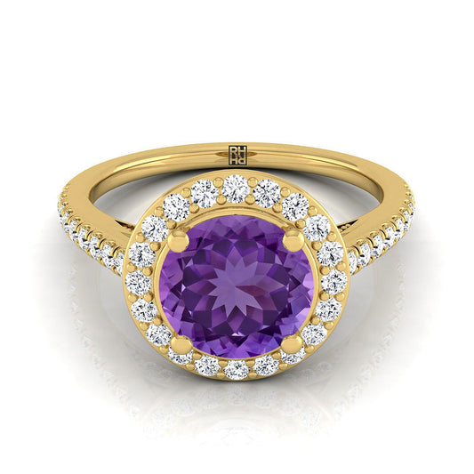 18K Yellow Gold Round Brilliant Amethyst French Pave Halo Secret Gallery Diamond Engagement Ring -3/8ctw