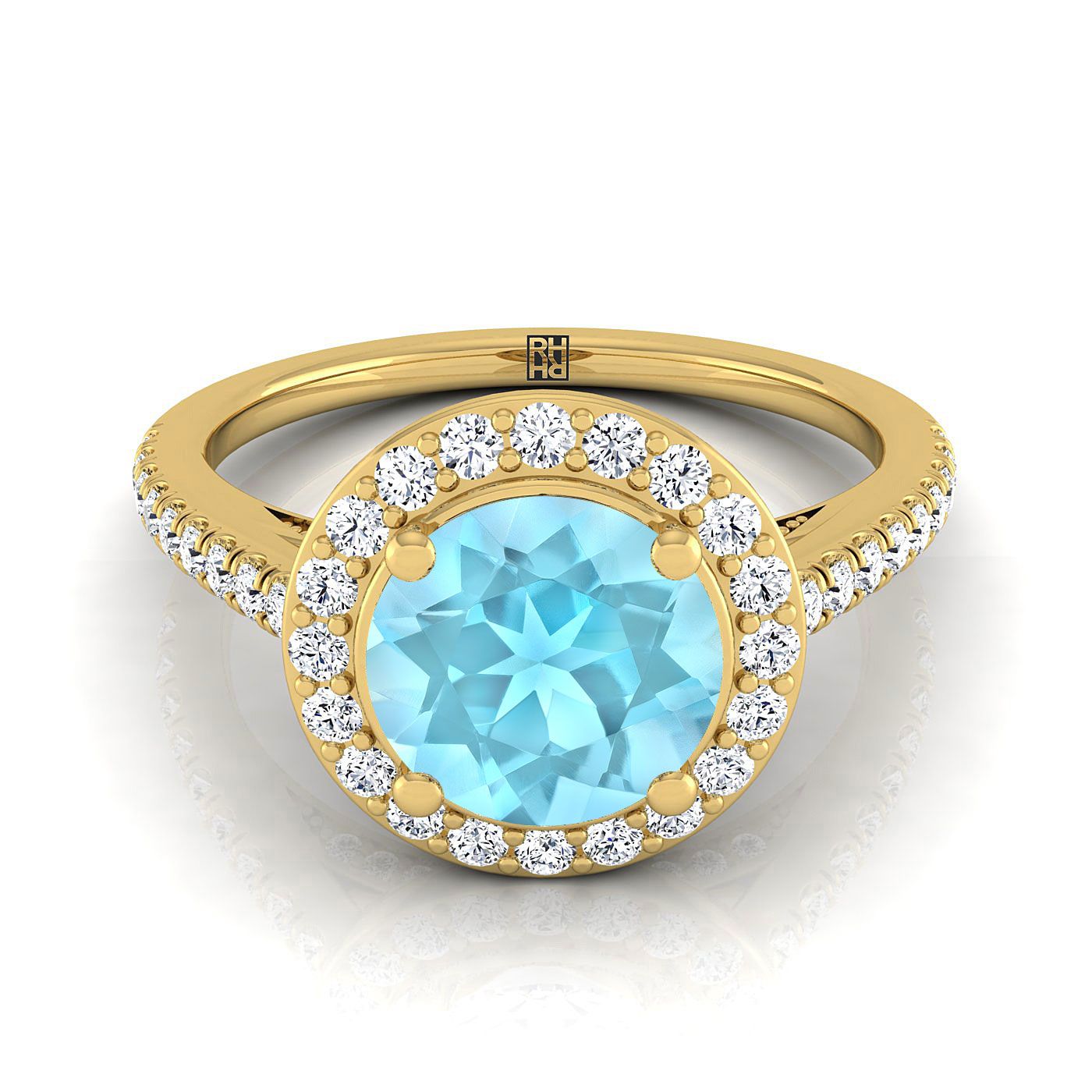 14K Yellow Gold Round Brilliant Aquamarine French Pave Halo Secret Gallery Diamond Engagement Ring -3/8ctw