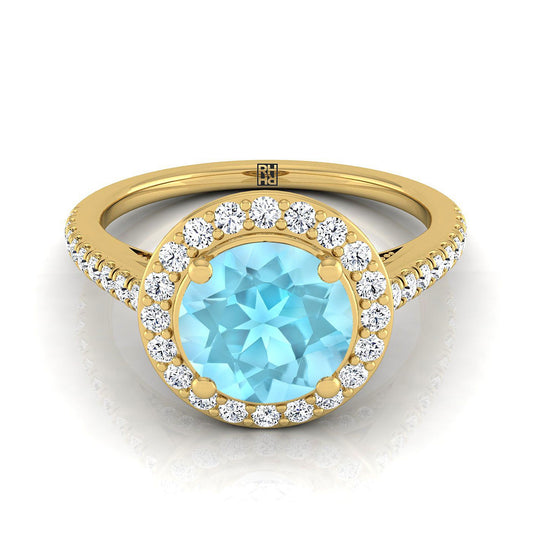 14K Yellow Gold Round Brilliant Aquamarine French Pave Halo Secret Gallery Diamond Engagement Ring -3/8ctw