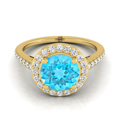14K Yellow Gold Round Brilliant Swiss Blue Topaz French Pave Halo Secret Gallery Diamond Engagement Ring -3/8ctw