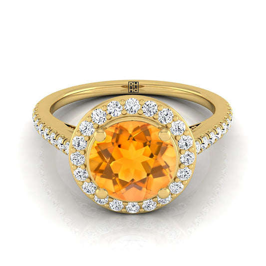 14K Yellow Gold Round Brilliant Citrine French Pave Halo Secret Gallery Diamond Engagement Ring -3/8ctw