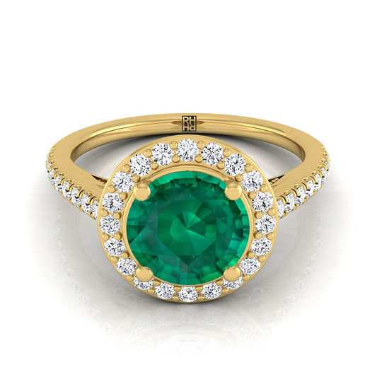 18K Yellow Gold Round Brilliant Emerald French Pave Halo Secret Gallery Diamond Engagement Ring -3/8ctw