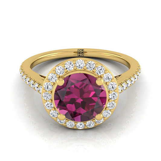 18K Yellow Gold Round Brilliant Garnet French Pave Halo Secret Gallery Diamond Engagement Ring -3/8ctw