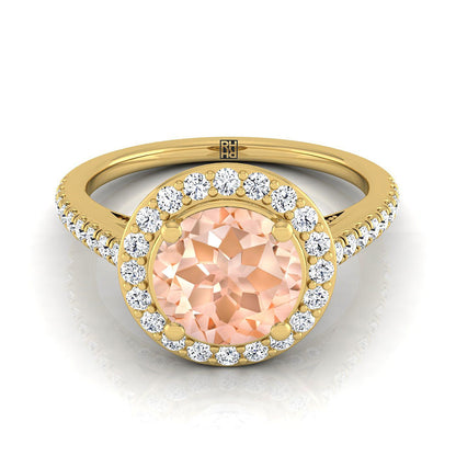 18K Yellow Gold Round Brilliant Morganite French Pave Halo Secret Gallery Diamond Engagement Ring -3/8ctw