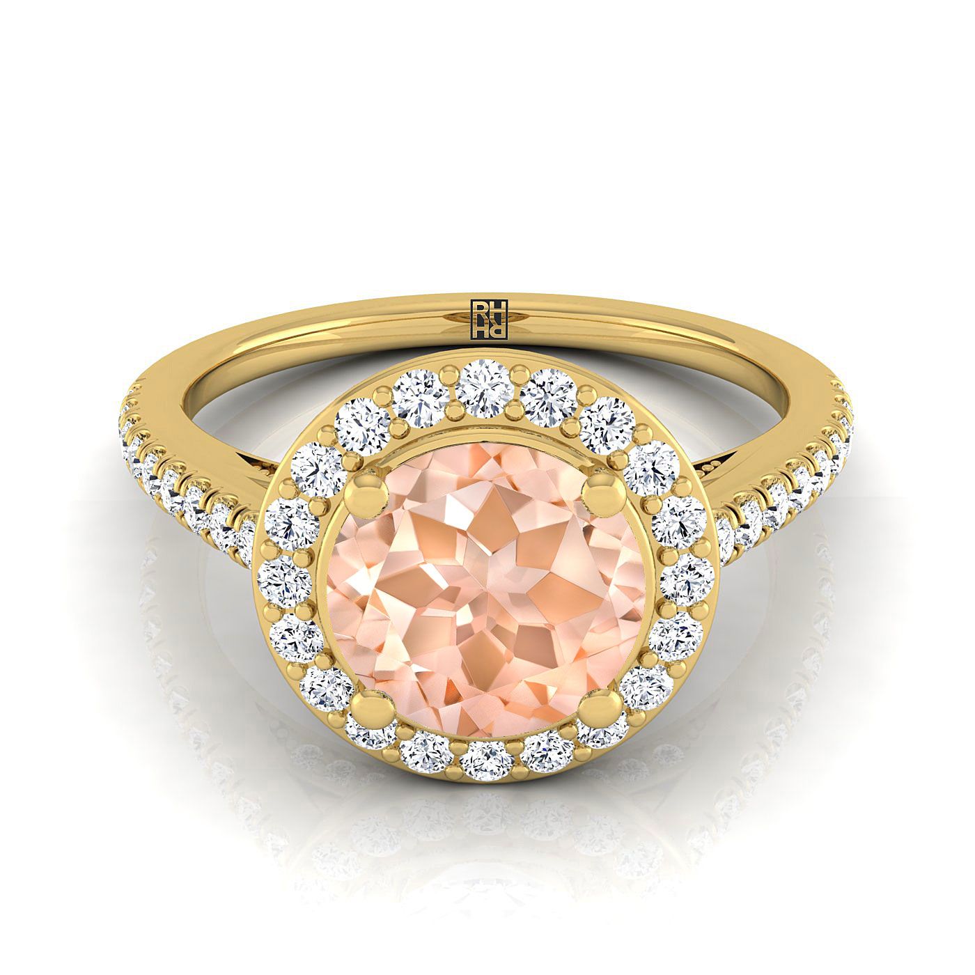 18K Yellow Gold Round Brilliant Morganite French Pave Halo Secret Gallery Diamond Engagement Ring -3/8ctw