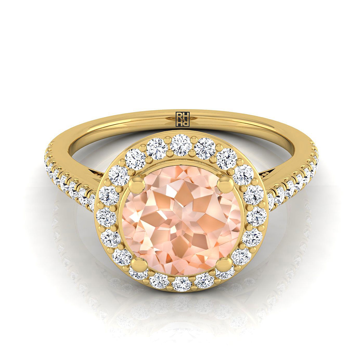 14K Yellow Gold Round Brilliant Morganite French Pave Halo Secret Gallery Diamond Engagement Ring -3/8ctw