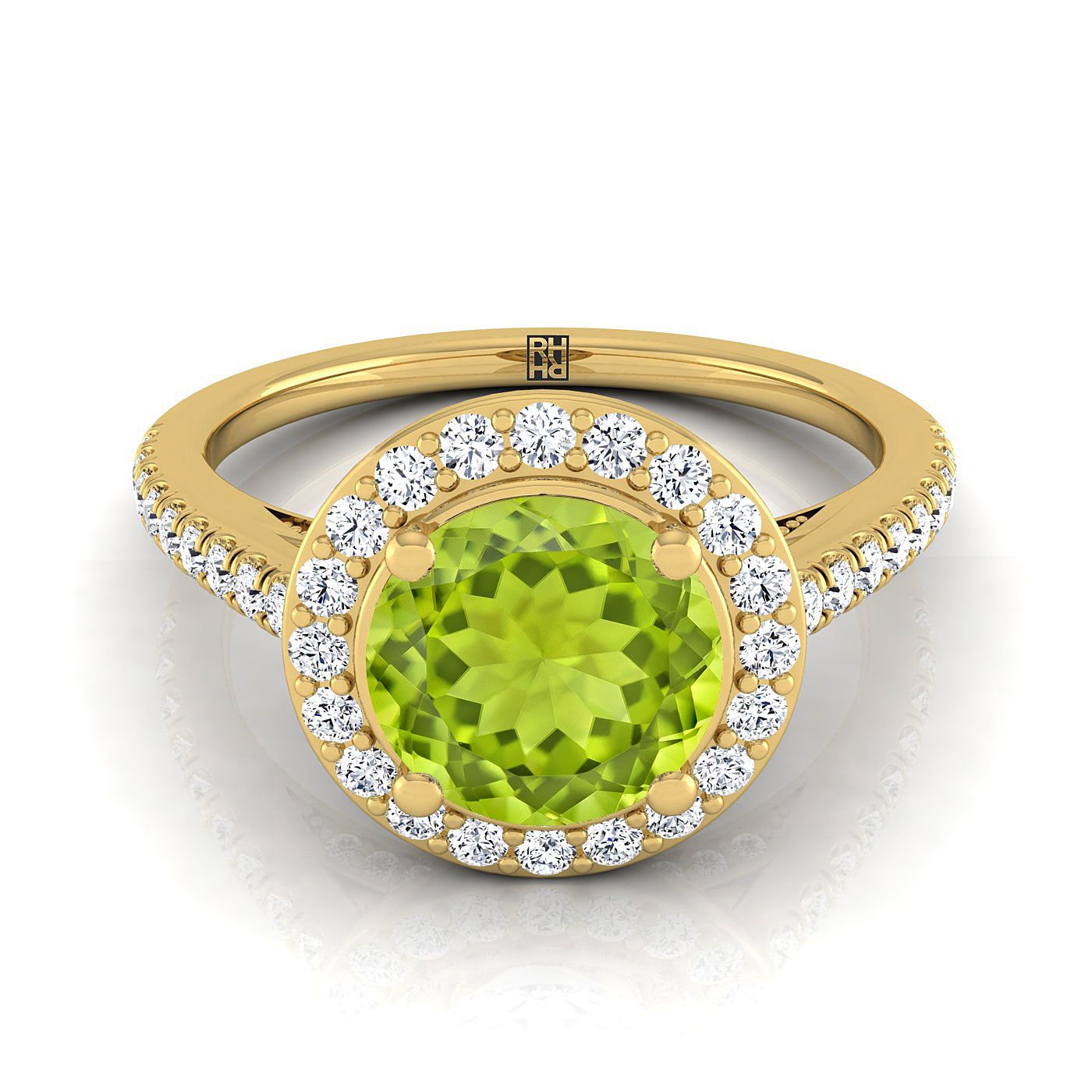 18K Yellow Gold Round Brilliant Peridot French Pave Halo Secret Gallery Diamond Engagement Ring -3/8ctw