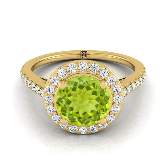 18K Yellow Gold Round Brilliant Peridot French Pave Halo Secret Gallery Diamond Engagement Ring -3/8ctw