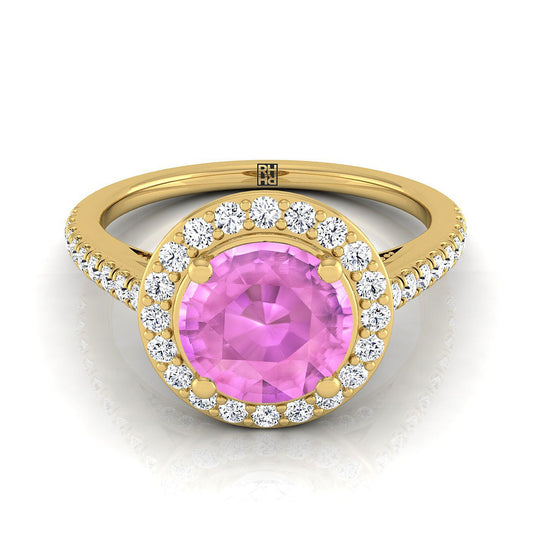 18K Yellow Gold Round Brilliant Pink Sapphire French Pave Halo Secret Gallery Diamond Engagement Ring -3/8ctw