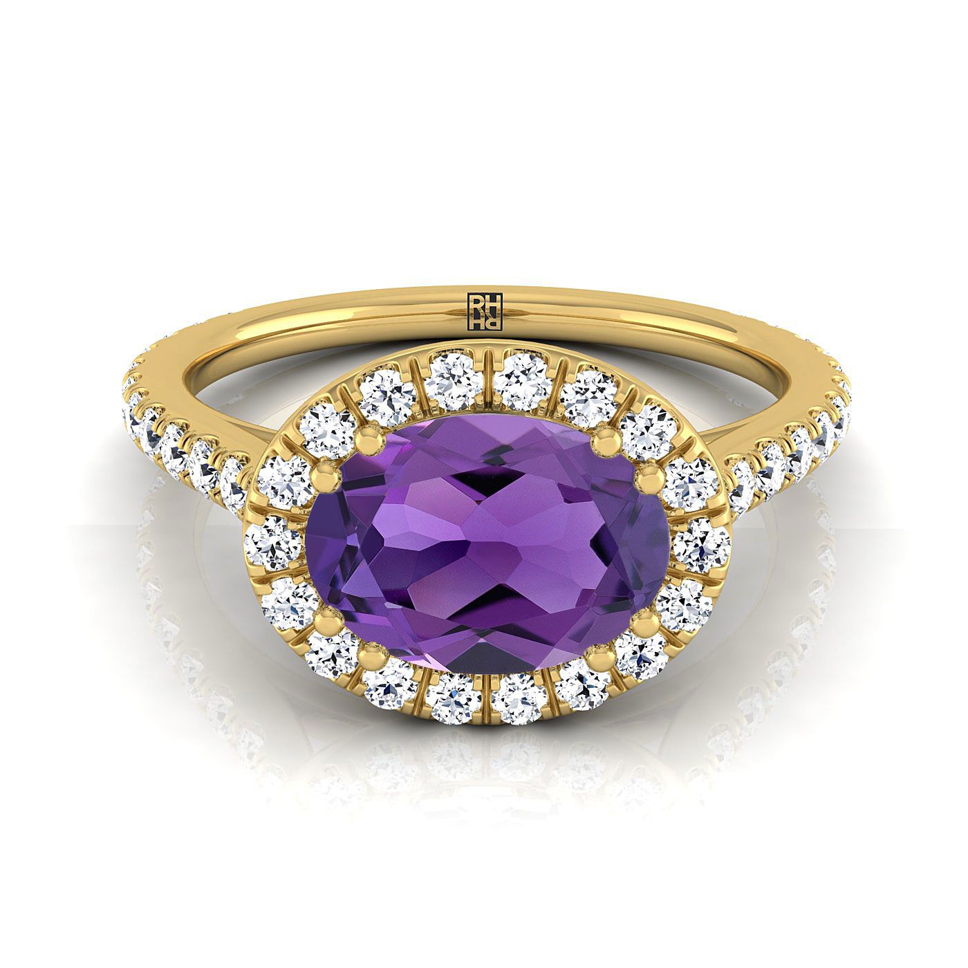 14K Yellow Gold Oval Amethyst Horizontal Fancy East West Diamond Halo Engagement Ring -1/2ctw