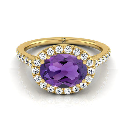 18K Yellow Gold Oval Amethyst Horizontal Fancy East West Diamond Halo Engagement Ring -1/2ctw
