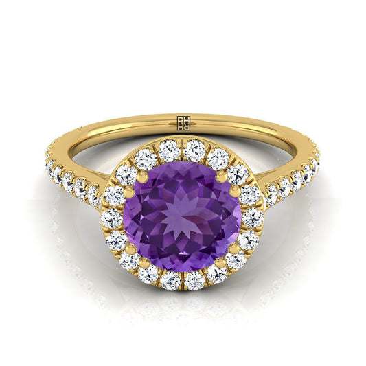 18K Yellow Gold Round Brilliant Amethyst Horizontal Fancy East West Diamond Halo Engagement Ring -1/2ctw