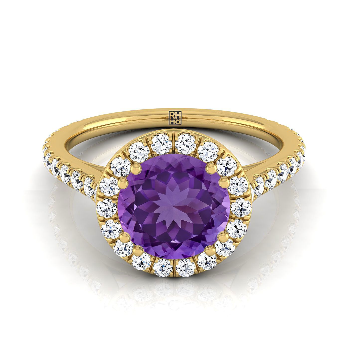 14K Yellow Gold Round Brilliant Amethyst Horizontal Fancy East West Diamond Halo Engagement Ring -1/2ctw
