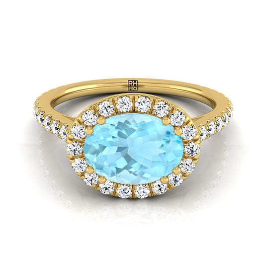 18K Yellow Gold Oval Aquamarine Horizontal Fancy East West Diamond Halo Engagement Ring -1/2ctw