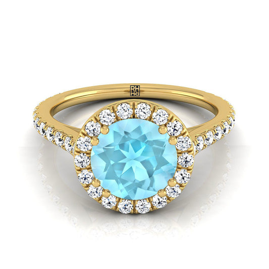 14K Yellow Gold Round Brilliant Aquamarine Horizontal Fancy East West Diamond Halo Engagement Ring -1/2ctw