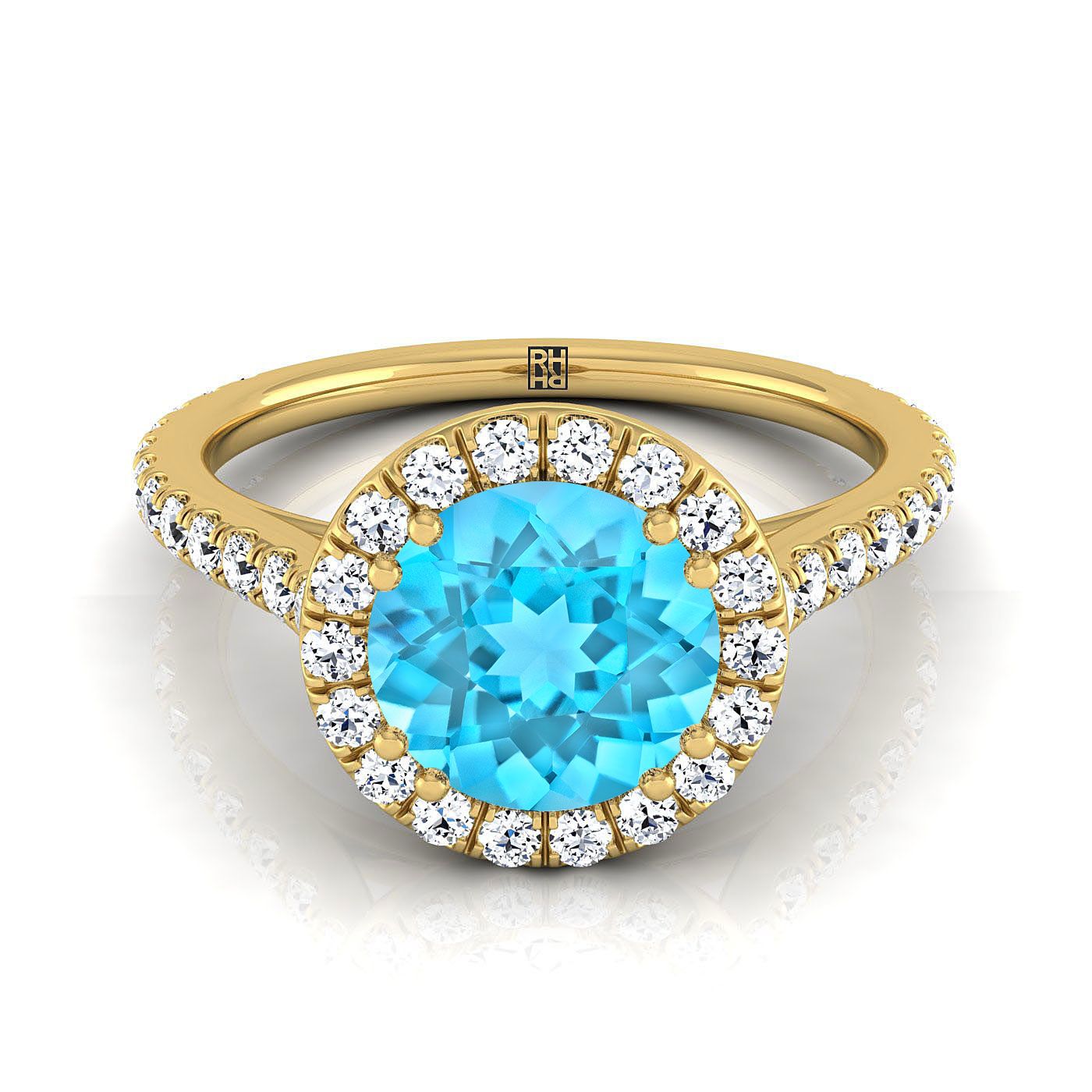 18K Yellow Gold Round Brilliant Swiss Blue Topaz Horizontal Fancy East West Diamond Halo Engagement Ring -1/2ctw