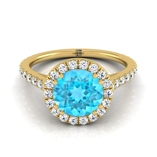 18K Yellow Gold Round Brilliant Swiss Blue Topaz Horizontal Fancy East West Diamond Halo Engagement Ring -1/2ctw
