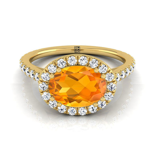 18K Yellow Gold Oval Citrine Horizontal Fancy East West Diamond Halo Engagement Ring -1/2ctw
