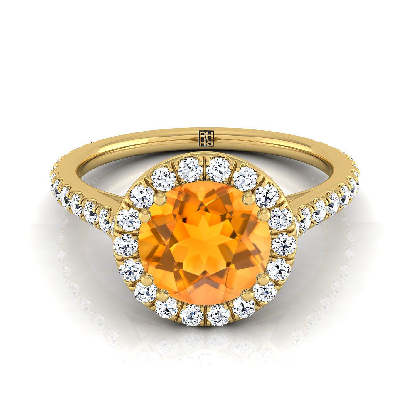 14K Yellow Gold Round Brilliant Citrine Horizontal Fancy East West Diamond Halo Engagement Ring -1/2ctw