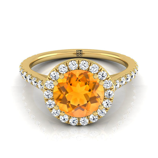 14K Yellow Gold Round Brilliant Citrine Horizontal Fancy East West Diamond Halo Engagement Ring -1/2ctw