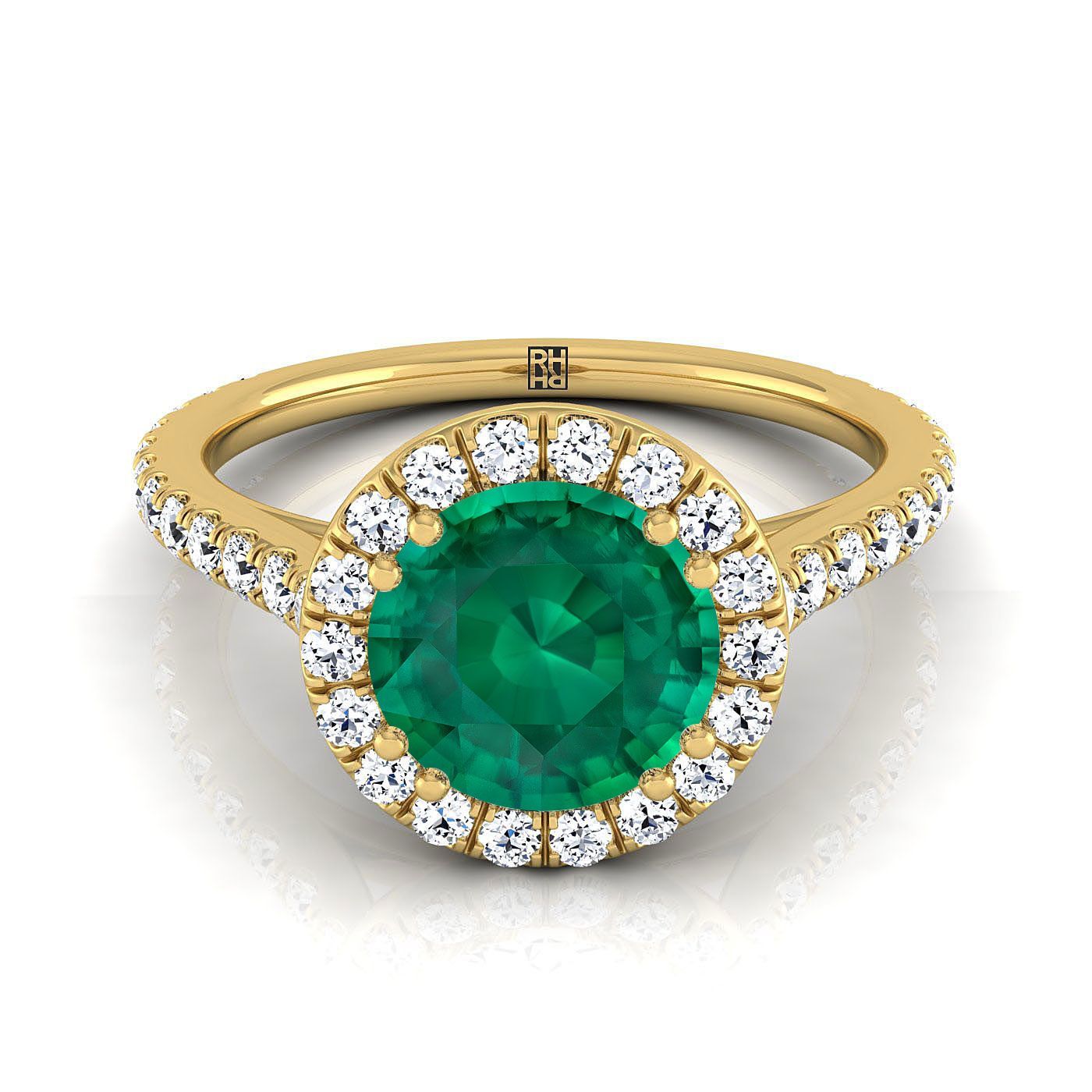 Lab-Created Emerald 6mm round East West Horizontal Halo Ring in 14K Yellow Gold