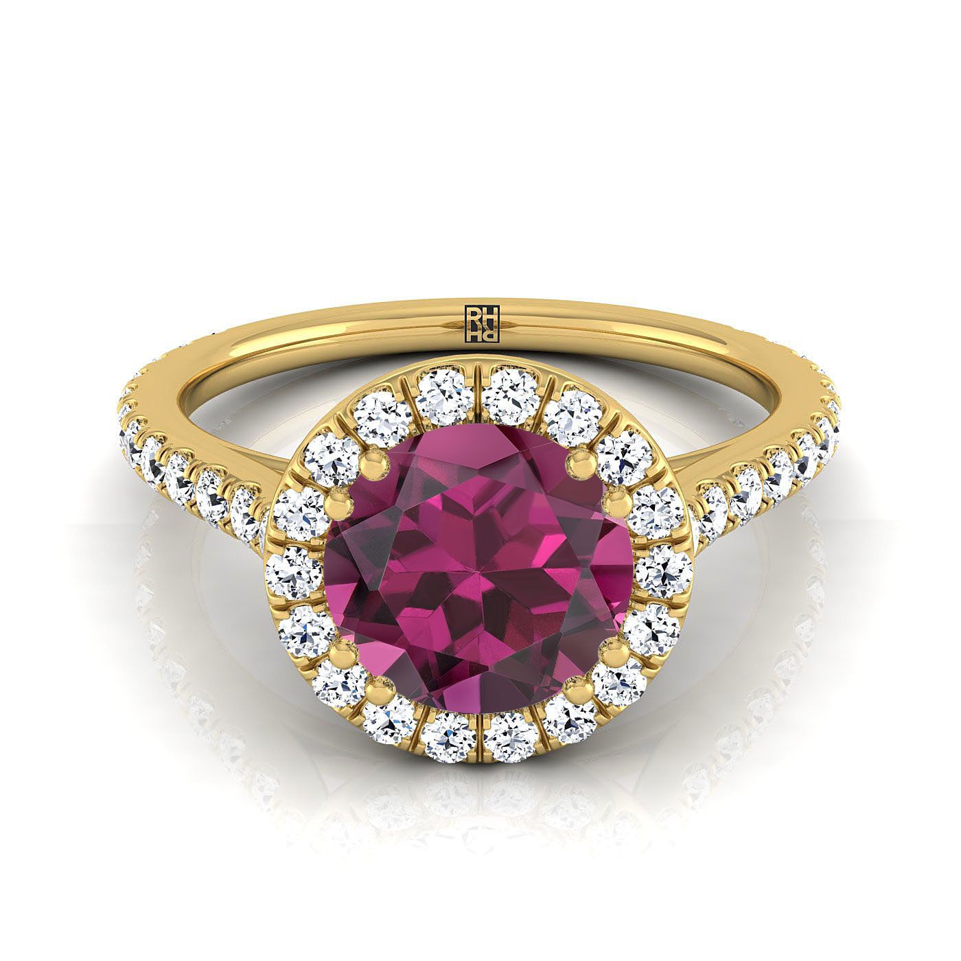 14K Yellow Gold Round Brilliant Garnet Horizontal Fancy East West Diamond Halo Engagement Ring -1/2ctw