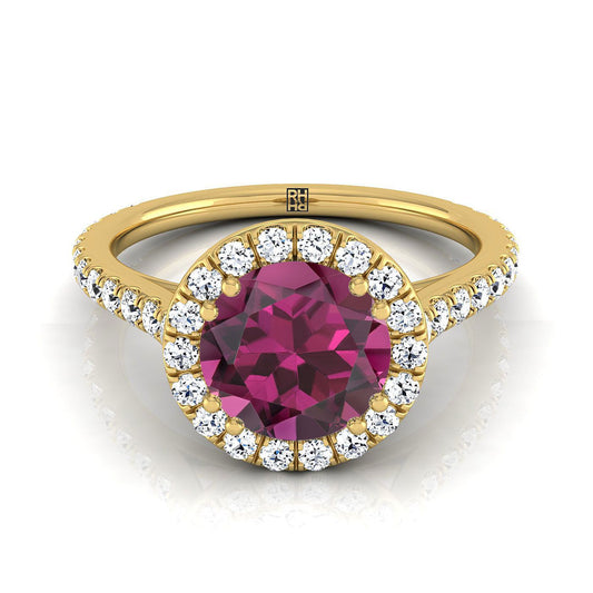 14K Yellow Gold Round Brilliant Garnet Horizontal Fancy East West Diamond Halo Engagement Ring -1/2ctw