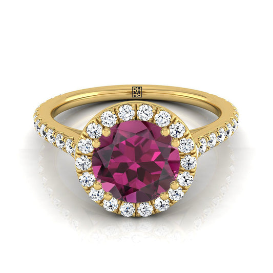 18K Yellow Gold Round Brilliant Garnet Horizontal Fancy East West Diamond Halo Engagement Ring -1/2ctw