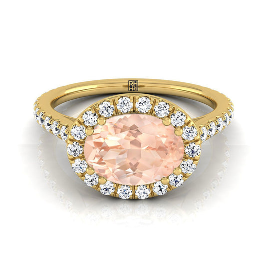 18K Yellow Gold Oval Morganite Horizontal Fancy East West Diamond Halo Engagement Ring -1/2ctw