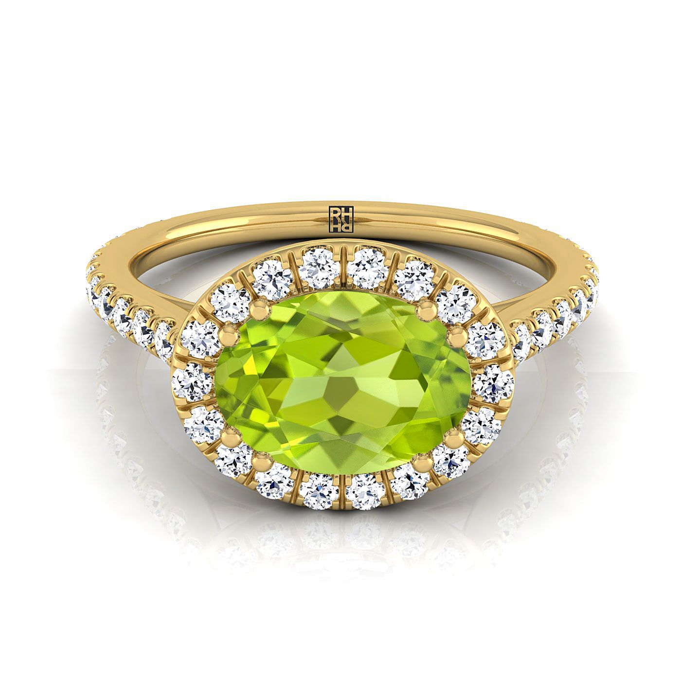 18K Yellow Gold Oval Peridot Horizontal Fancy East West Diamond Halo Engagement Ring -1/2ctw