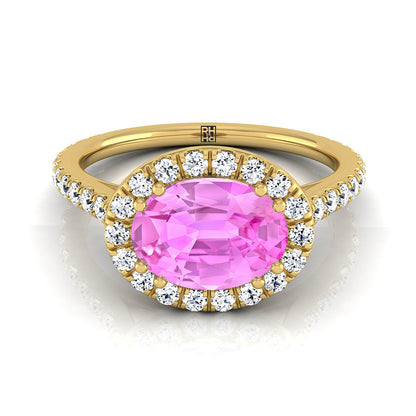 18K Yellow Gold Oval Pink Sapphire Horizontal Fancy East West Diamond Halo Engagement Ring -1/2ctw