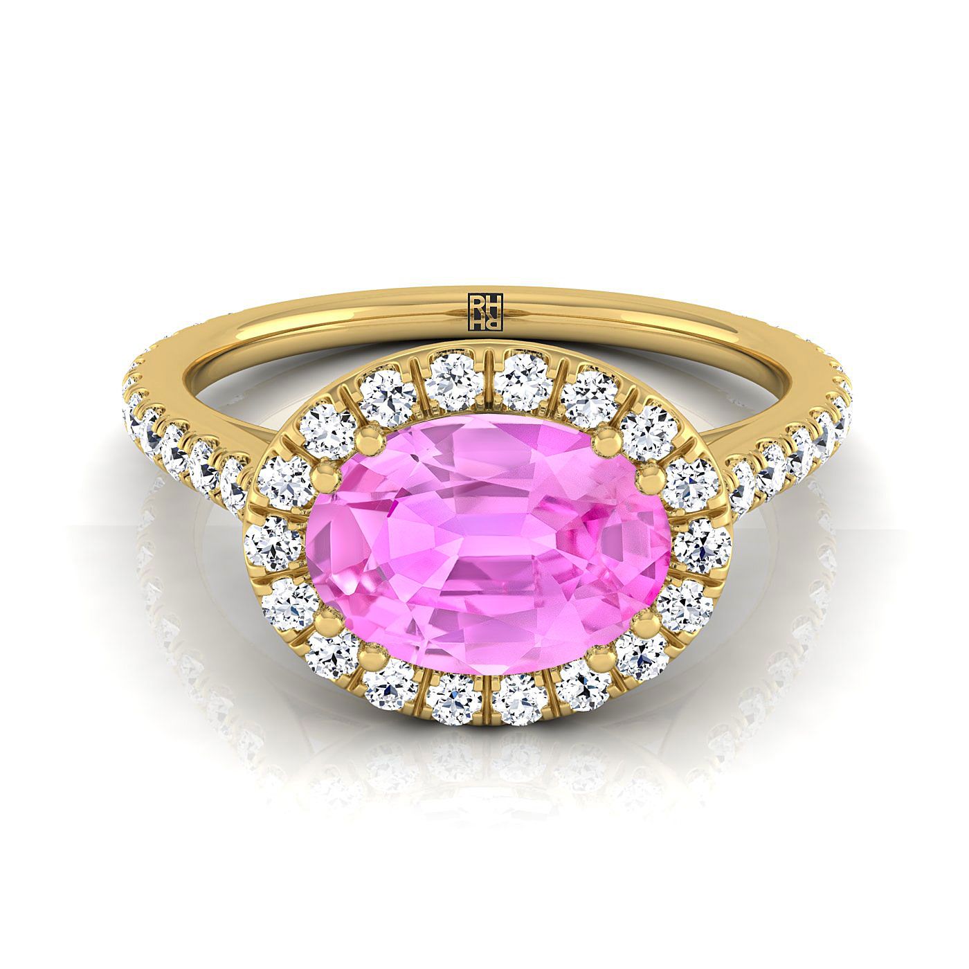 14K Yellow Gold Oval Pink Sapphire Horizontal Fancy East West Diamond Halo Engagement Ring -1/2ctw